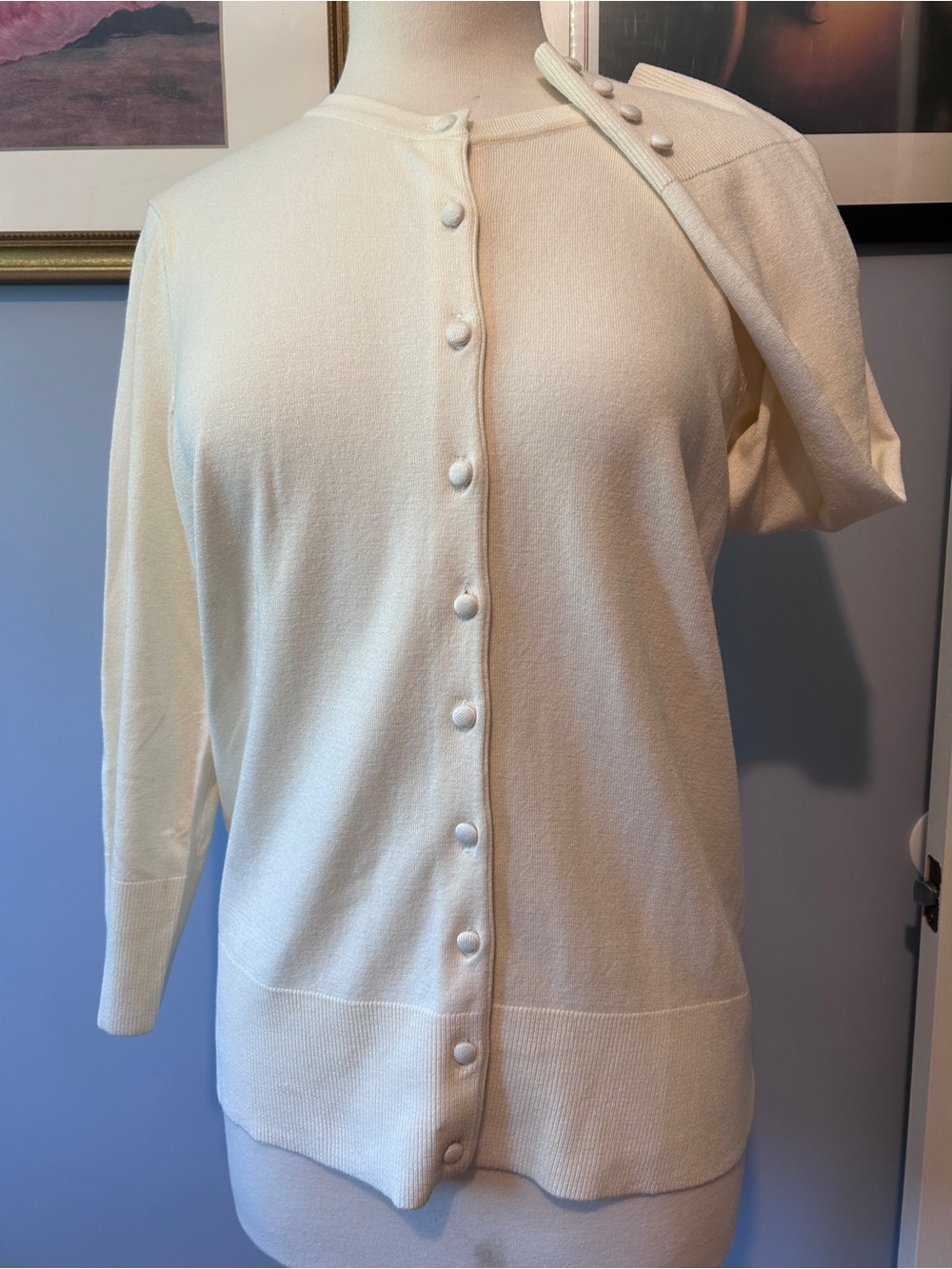 EVIE Ivory Button-Front Crewneck Cardigan